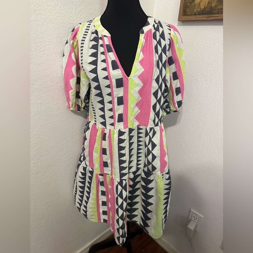 Velvet by Graham & Spencer Danica Short Tiered Neon Geo Jacquard Mini Dress - S - Picture 2 of 7